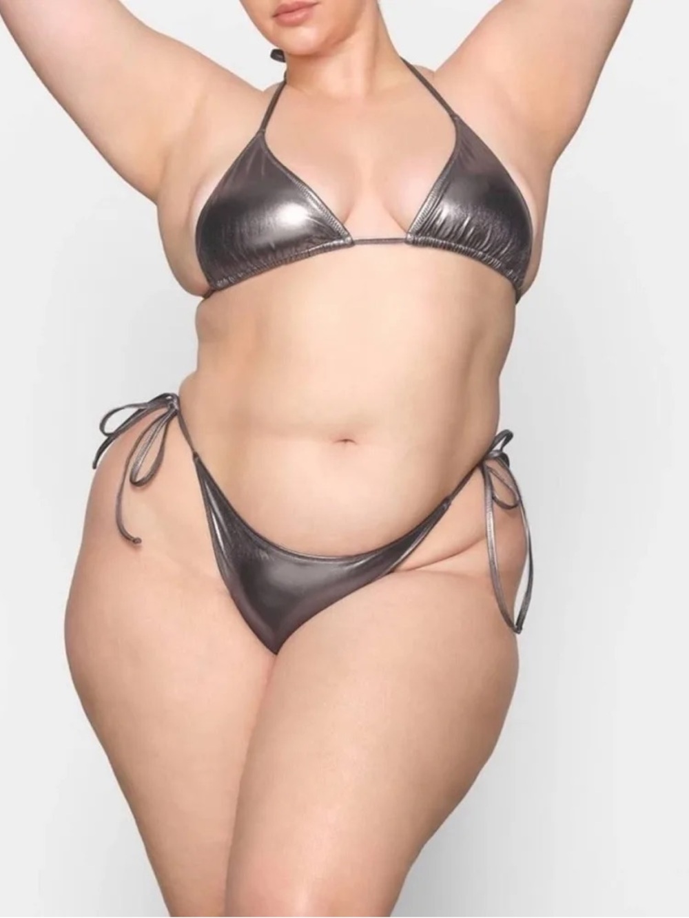 Skims Metallic Swim Tie Bikini Bottom Carbon Silver 4x